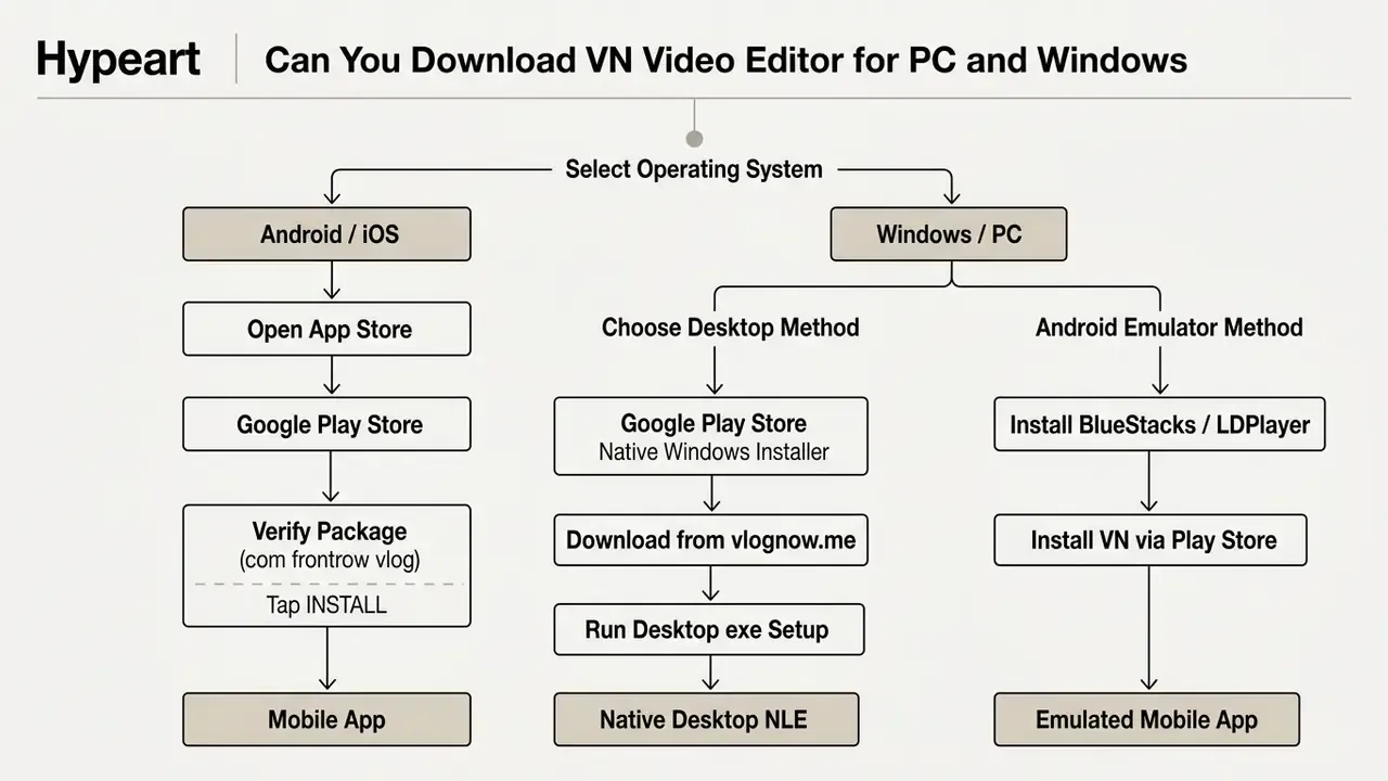 Decision tree outlining installation paths for mobile and desktop operating systems