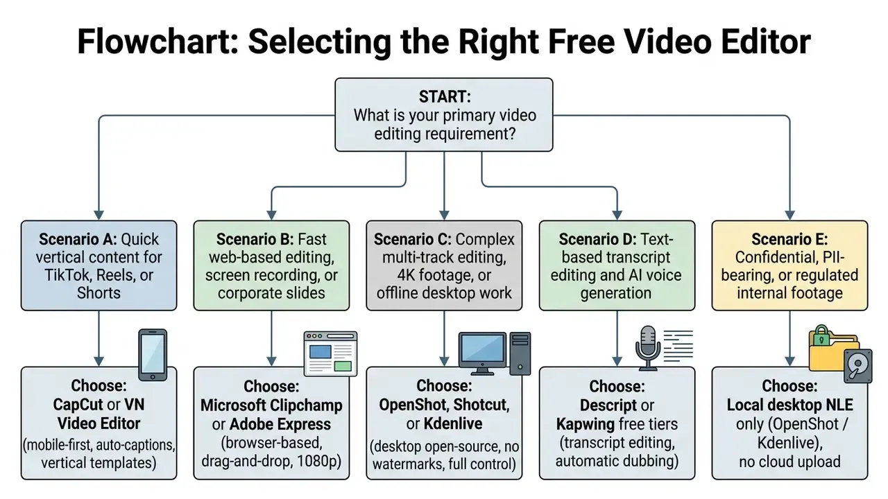 Decision tree diagram mapping specific video editing needs to recommended free software tools