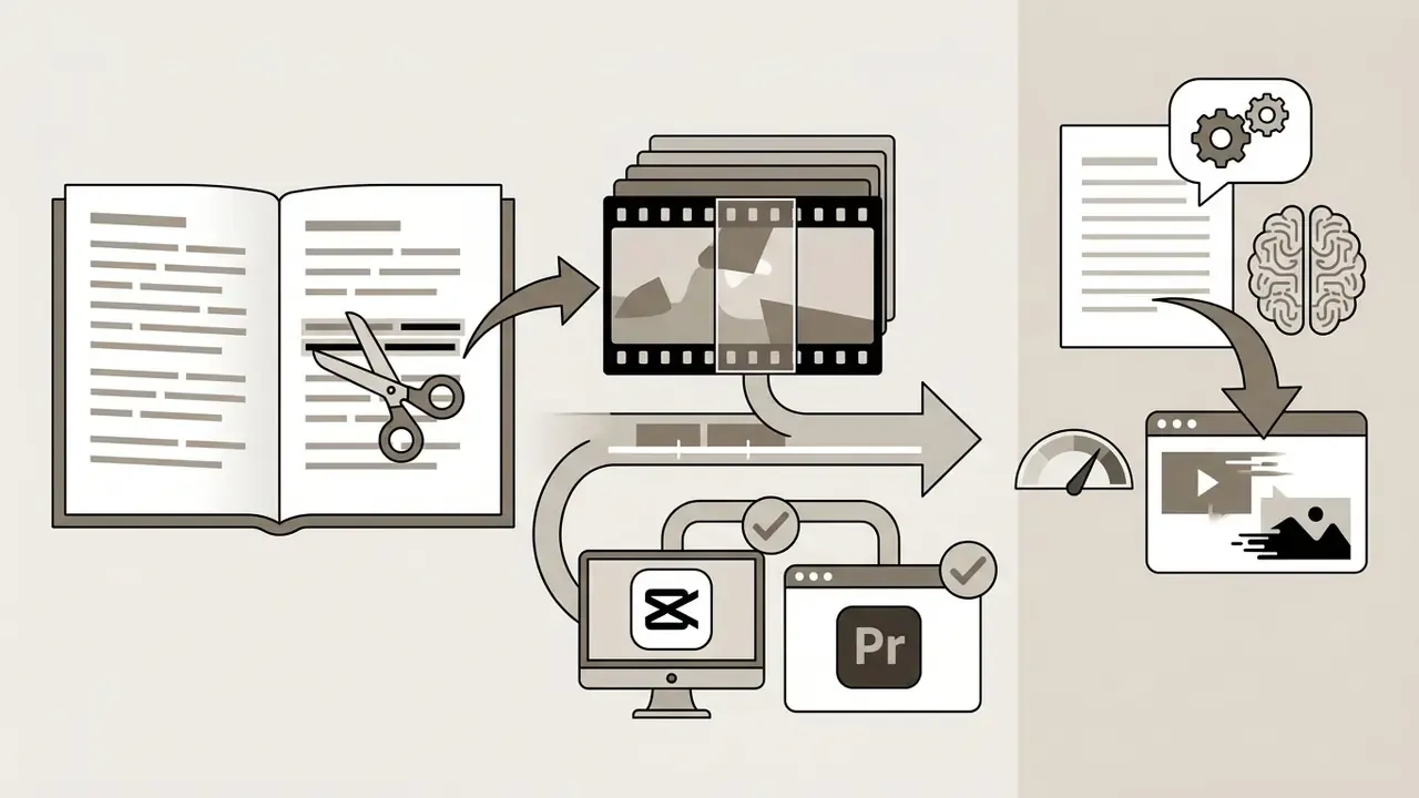 Scissors cutting text in a book, linking to video clips, software icons, and AI-driven media generation