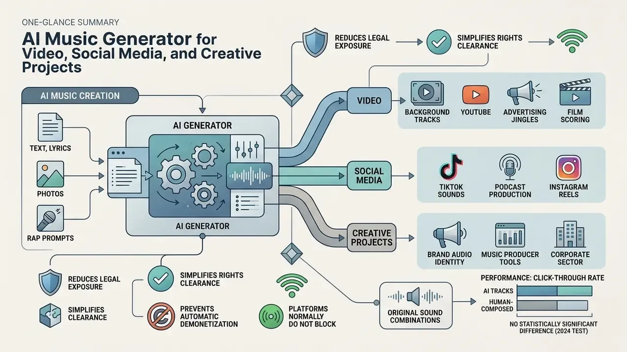 Diagram showing how musical inputs are processed into tracks for video, social media, and creative projects