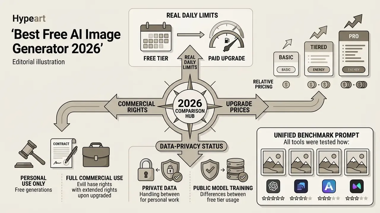 Compass map showing categories like commercial rights, daily limits, and privacy for a best free AI image generator