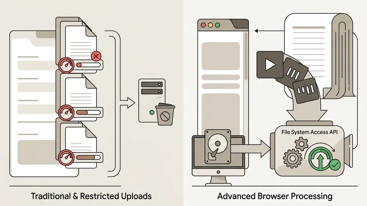 Comparison between restricted server uploads and direct File System Access API browser processing