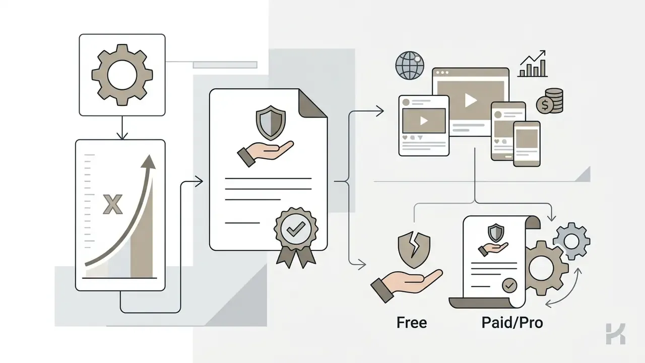Comparison of free and paid licensing models for media assets using icons for protection and distribution