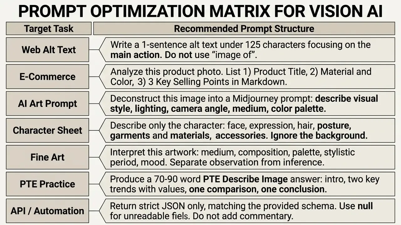 Table mapping specific professional tasks to their corresponding recommended prompt structures for vision models
