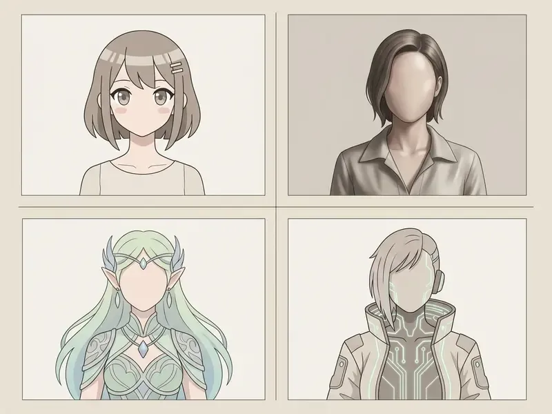 Four distinct portrait styles featuring a cute anime girl and three featureless character archetypes