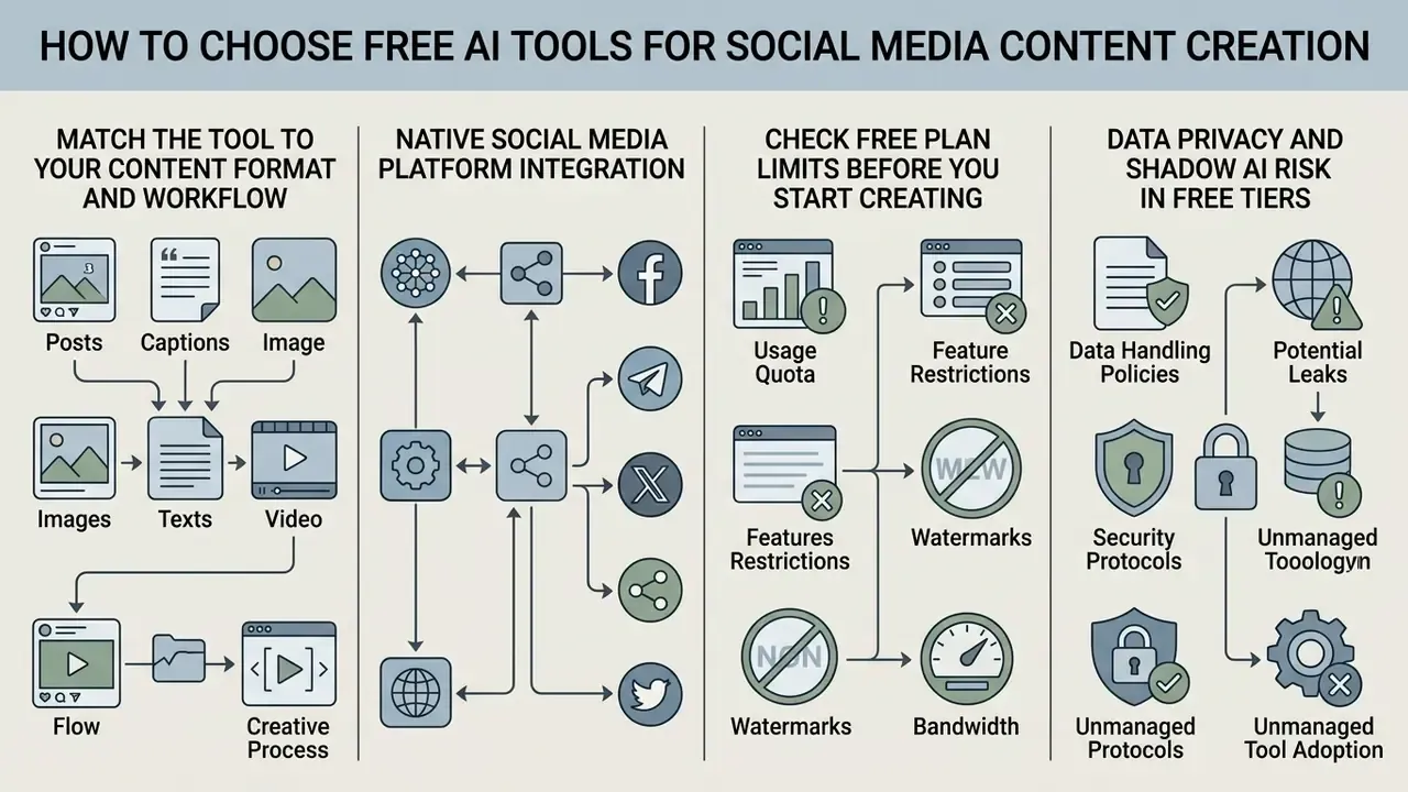 Four-column infographic detailing strategies for selecting free AI tools for social media content creation