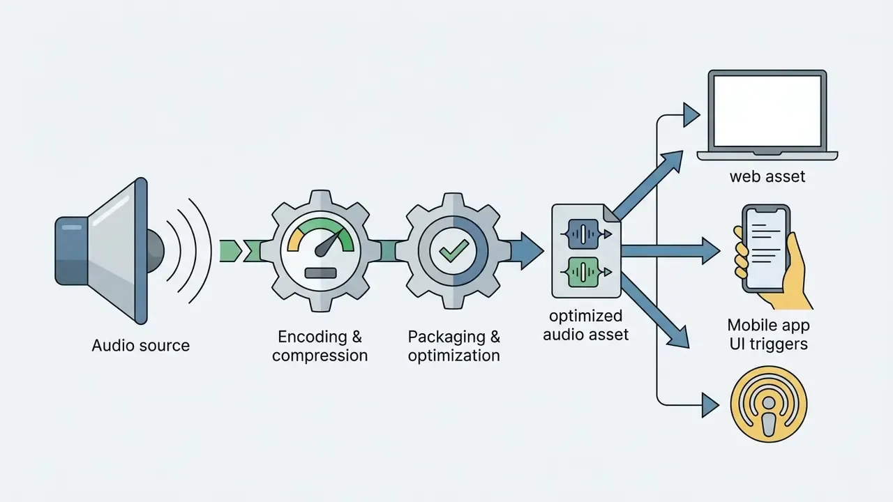 Workflow showing audio source processing through gears into optimized files for web and mobile applications