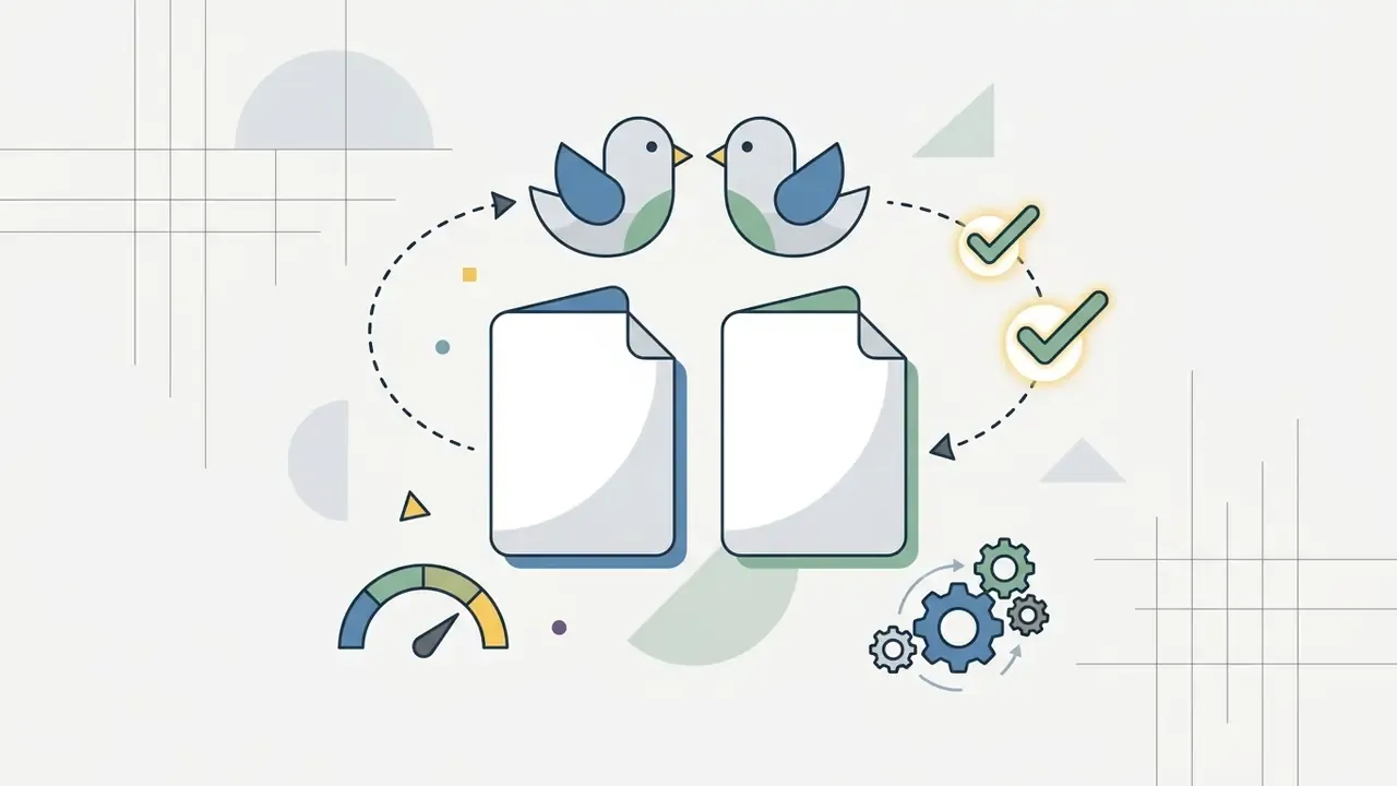 Pair of birds above blank documents with checkmarks, a gauge, and gears on a light background