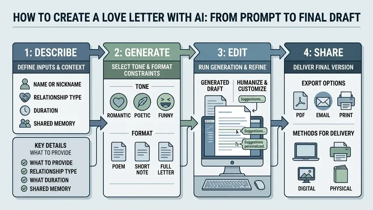 Four step diagram showing how to use an AI love letter generator from initial input to final delivery