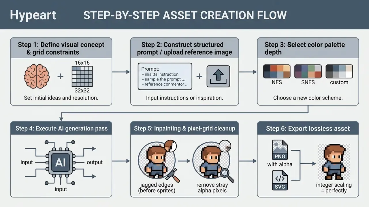 Six sequential steps for digital asset development from conceptualizing grids to final file export