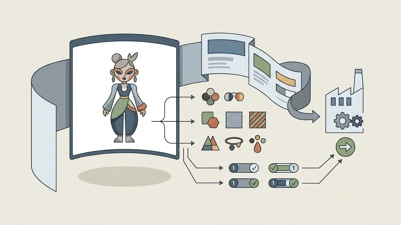 Stylized doll design flowing through specification documents and approval toggles into a factory icon