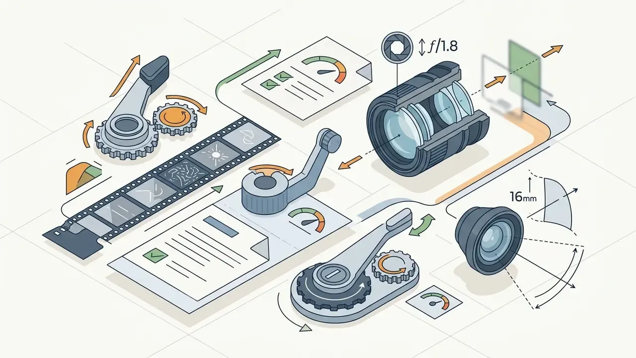 Isometric view of camera lenses, film strips, and mechanical levers representing photographic adjustments