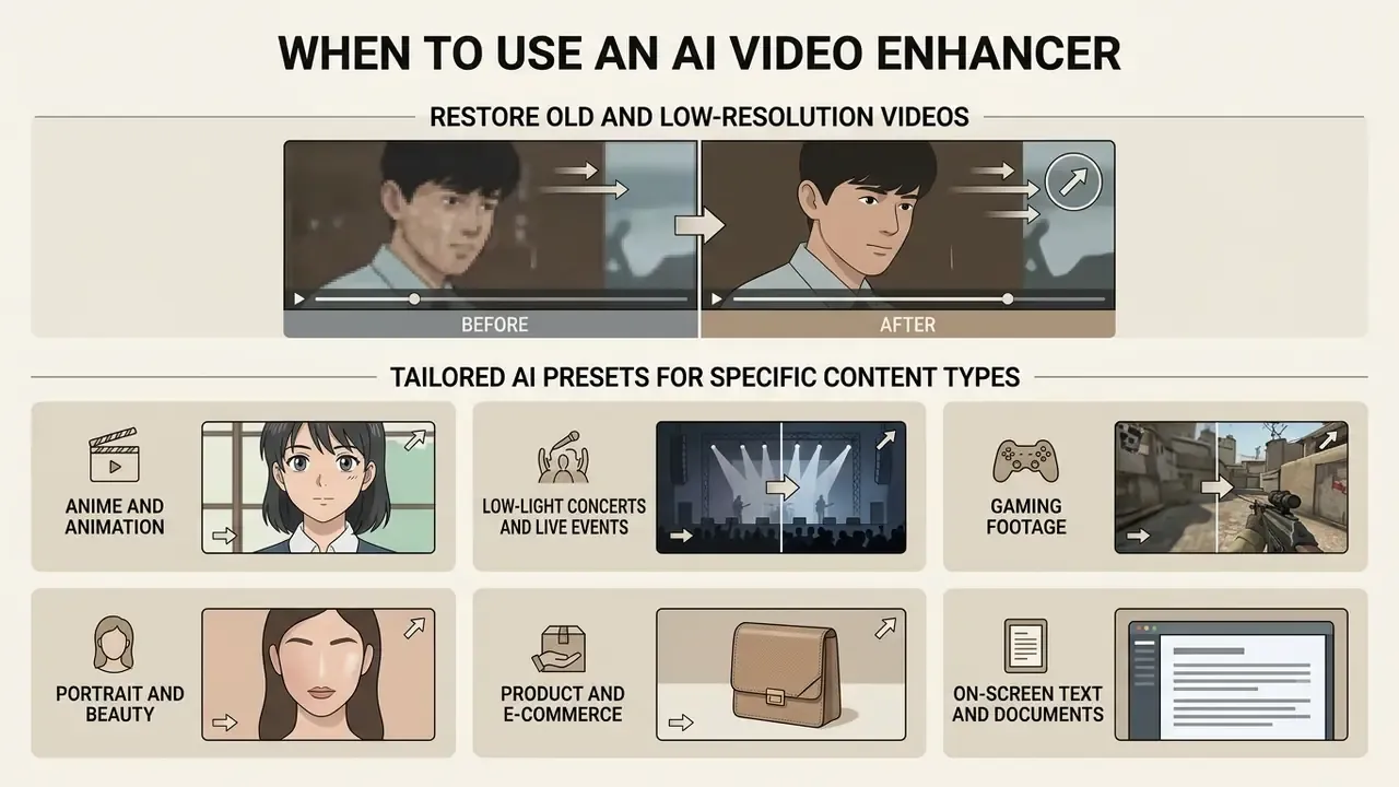 Comparison of before and after video quality alongside icons for various AI enhancement presets