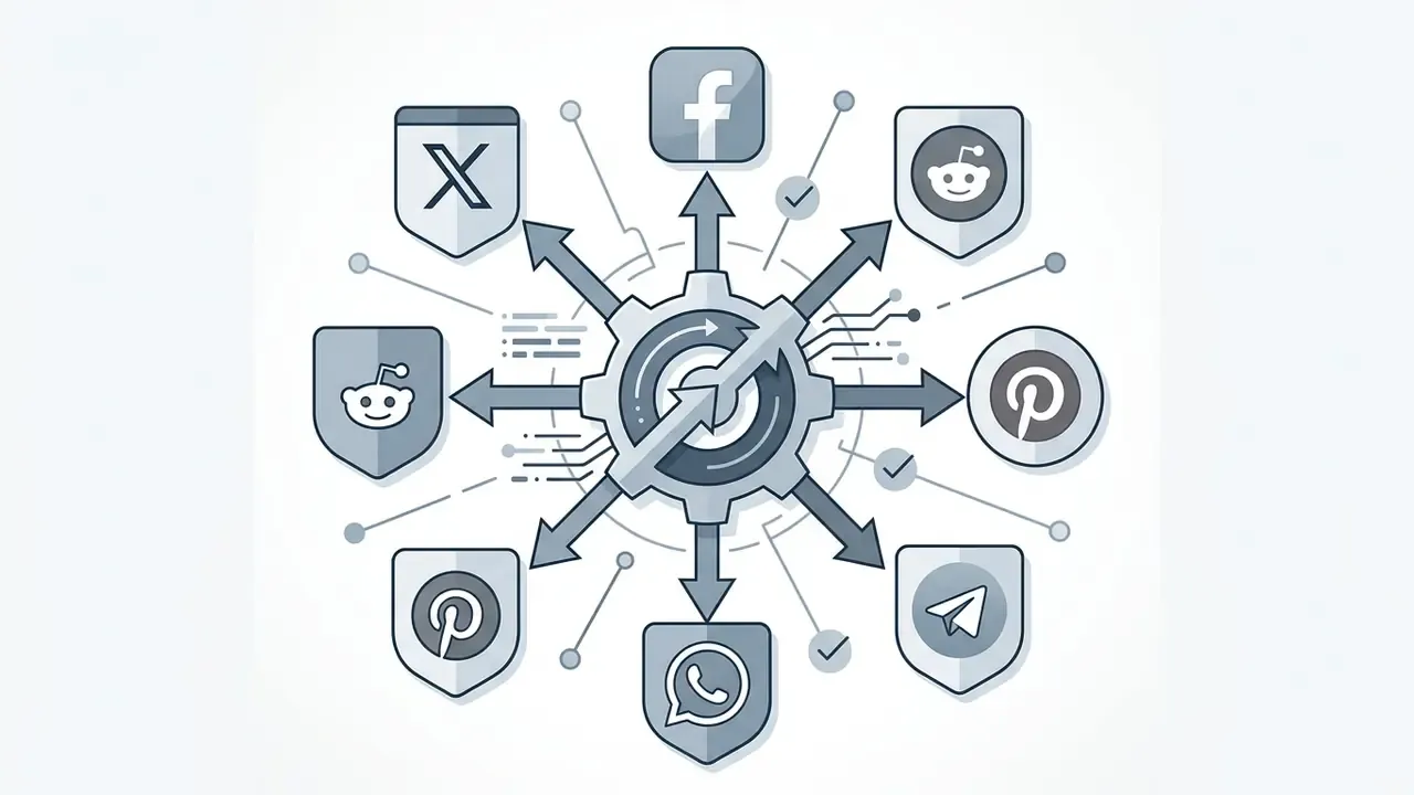 Central gear mechanism with arrows radiating to social media platform icons inside protective shields