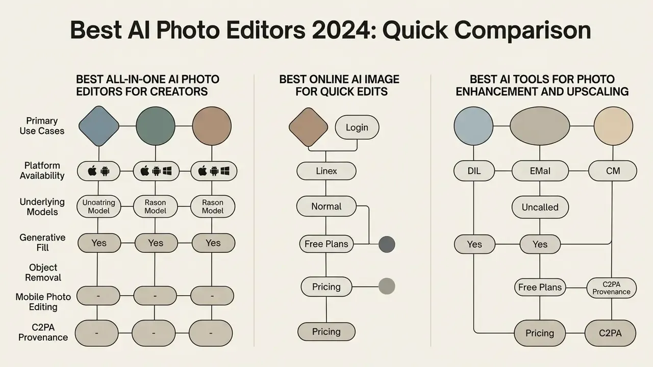 Flowchart comparing features and pricing across three categories of AI photo editing software