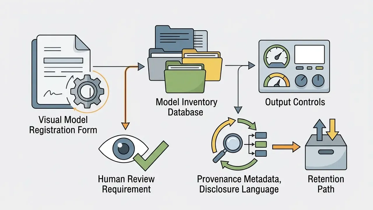 Registration form and model database flowing into output controls, human review, and retention processes