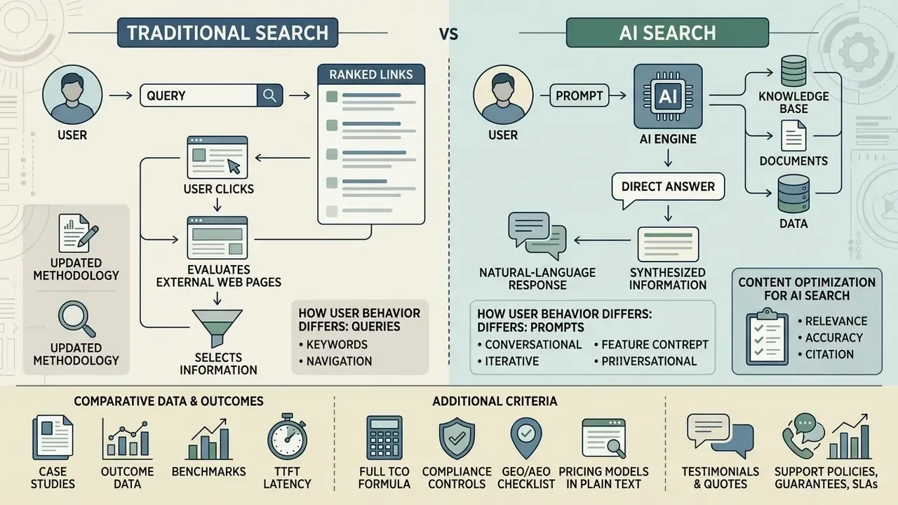 Comparison flowchart showing how traditional search provides ranked links versus AI search synthesizing answers