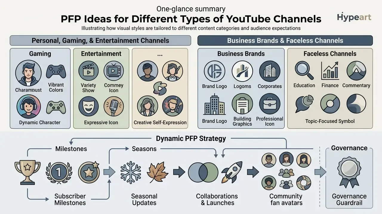Categorized profile picture concepts for personal and business channels with a dynamic strategy flow