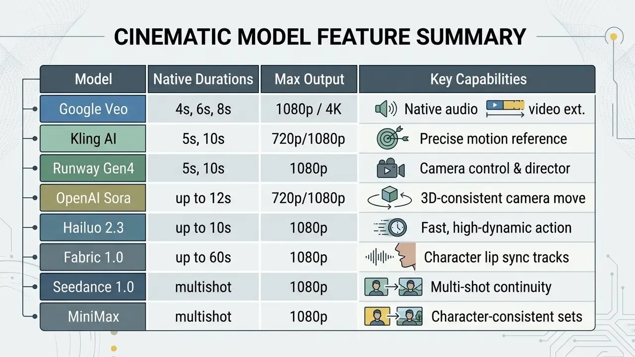 Comparison table listing various AI video models with their native durations, resolutions, and key features