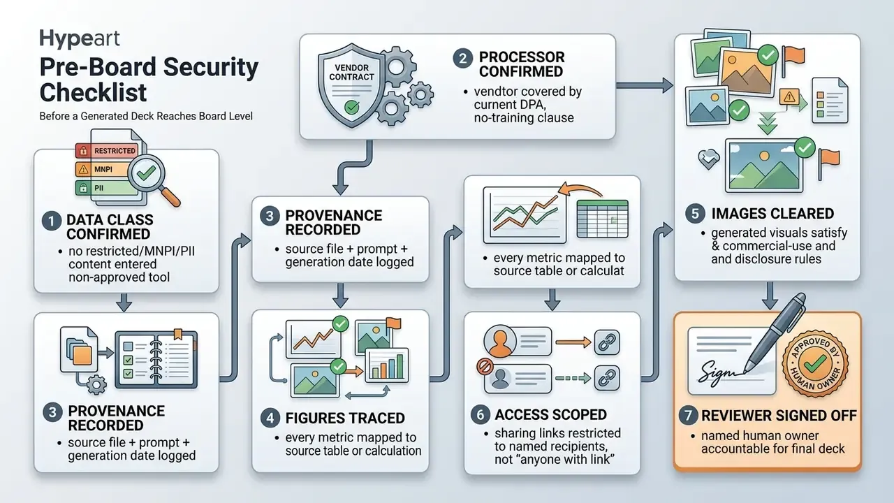 Seven step process for verifying generated presentation decks before board review
