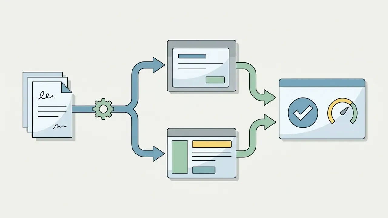 Process flow showing documents passing through a gear icon to create various screens and success states