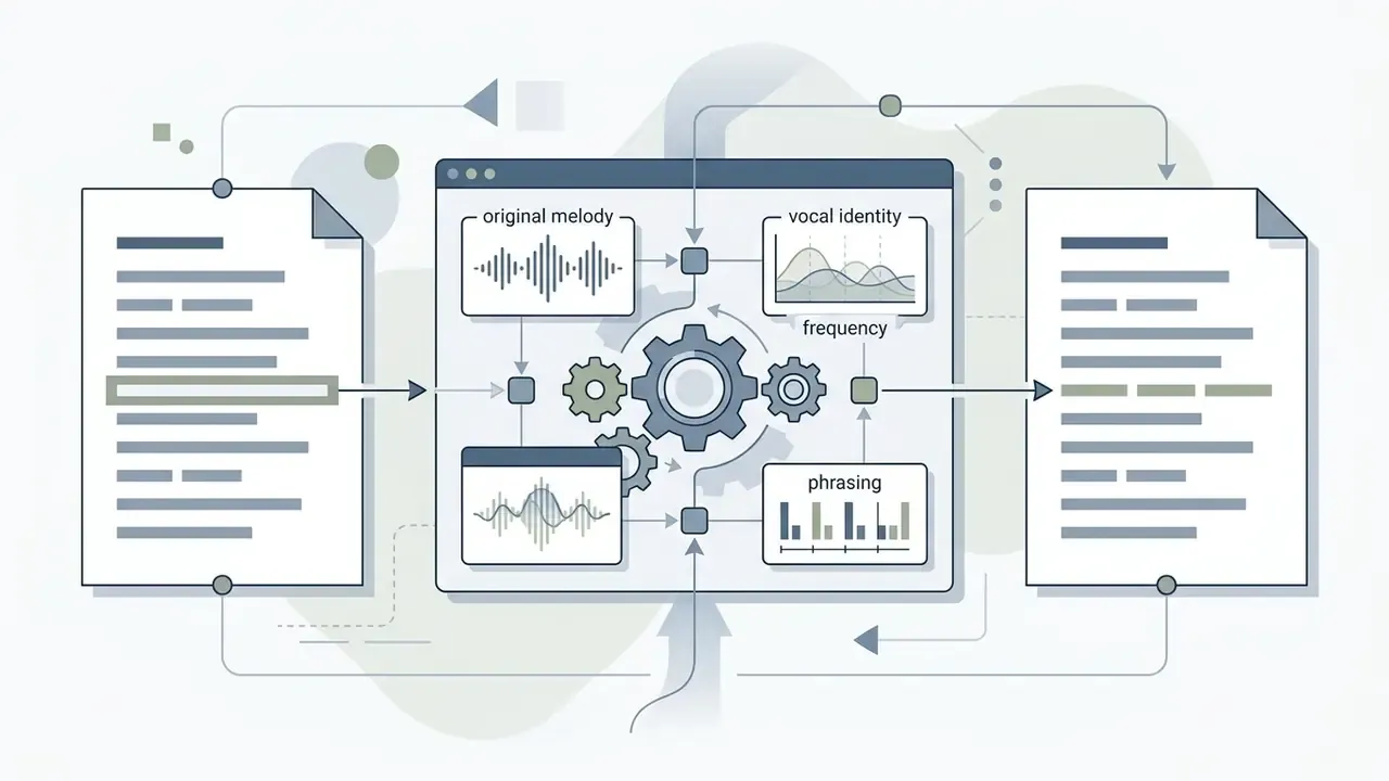 System of gears processing text and audio data to preserve melody, vocal identity, and phrasing