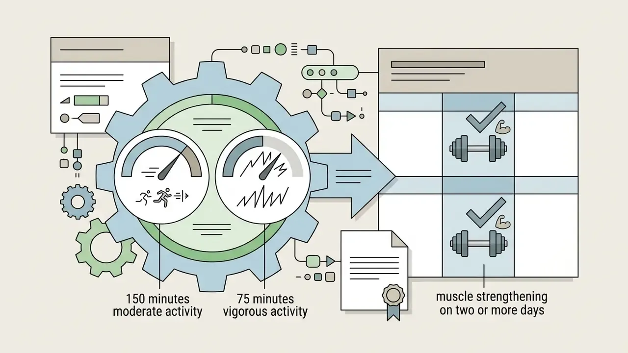 Central gear with activity gauges connecting data inputs to a weekly muscle strengthening schedule