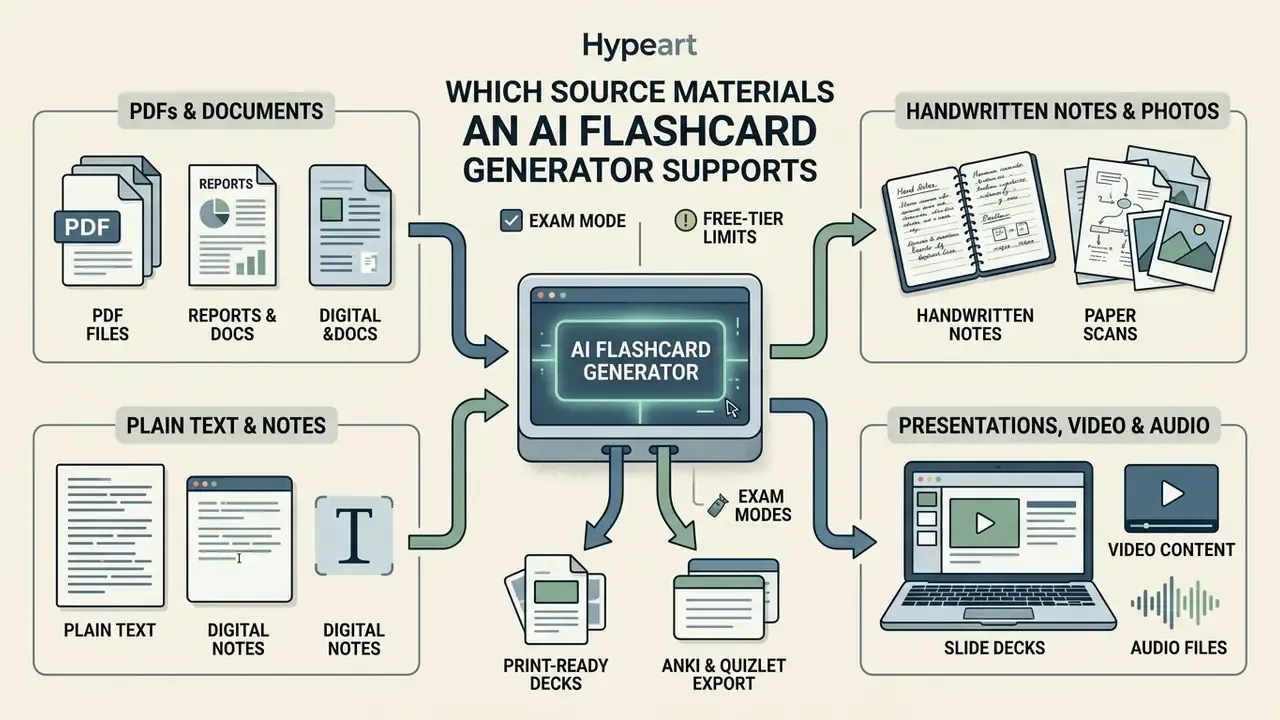 Infographic showing various file types like PDFs, notes, and media feeding into a central processing tool