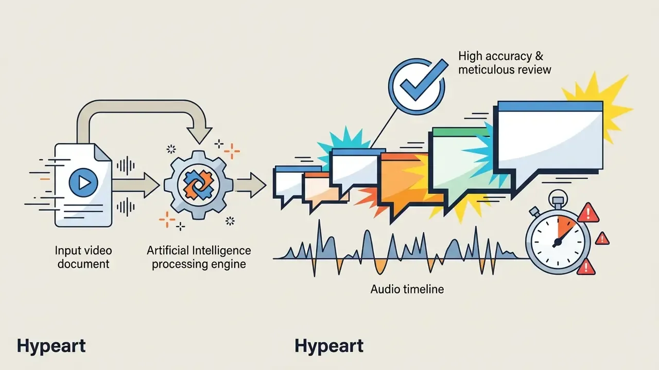 Diagram showing video input processed by an AI engine into synchronized speech bubbles and audio timelines