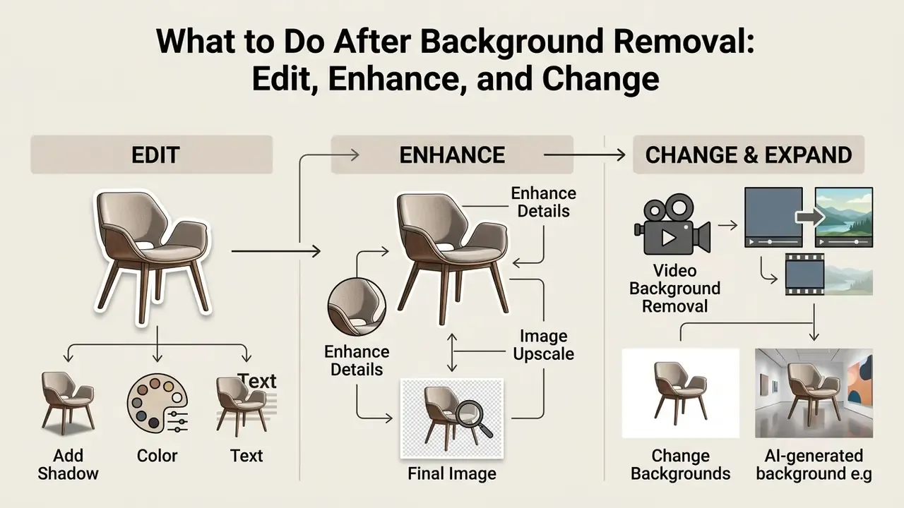 Workflow showing steps to edit, enhance, and change backgrounds after using a free bg remover