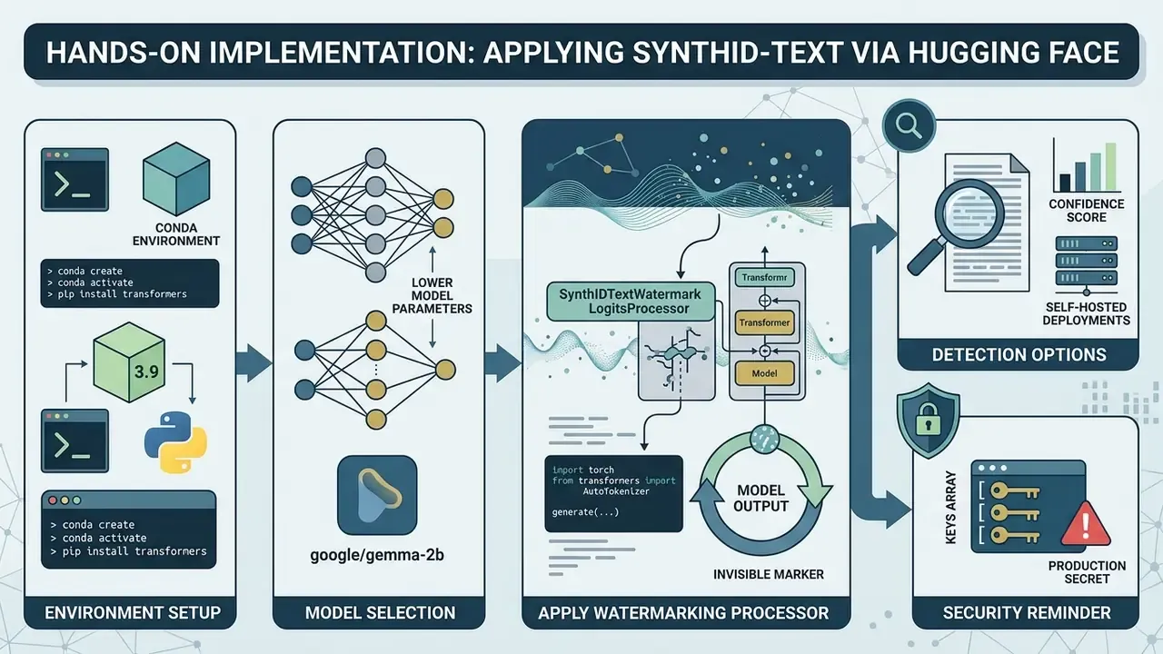 Steps for setting up an environment, selecting a model, and applying SynthID-Text via Hugging Face