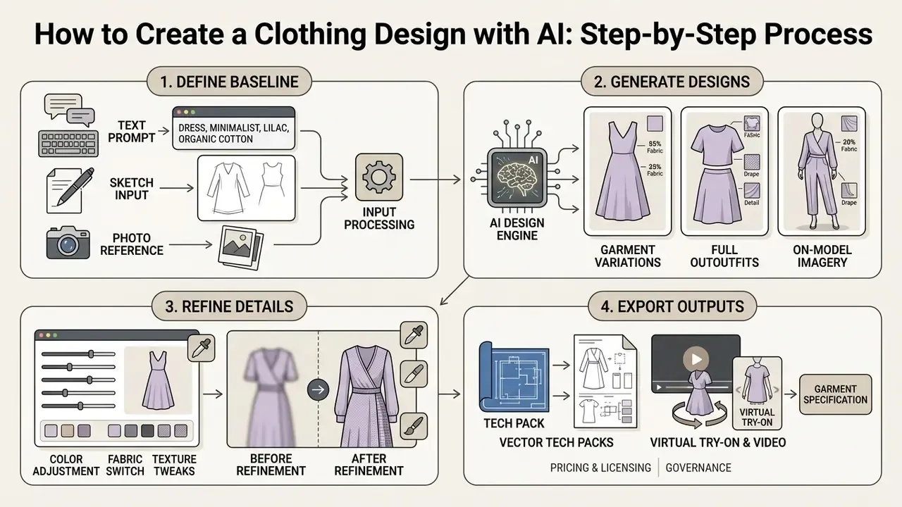 Four-step diagram illustrating how to create a clothing design with AI from initial inputs to final exports