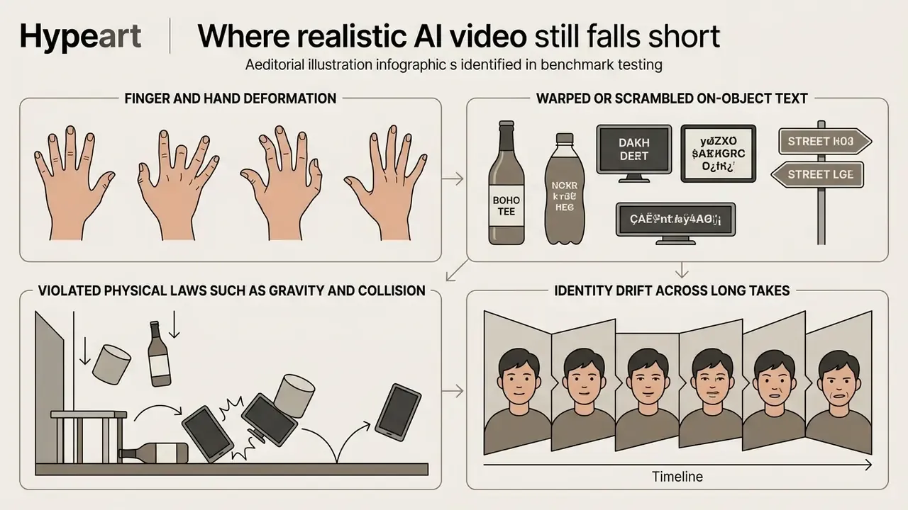 Four panels showing common AI generation errors including hand deformation, scrambled text, physics, and identity drift