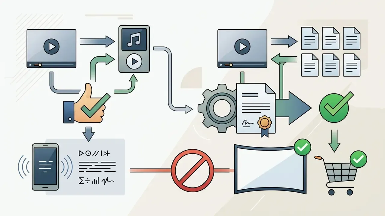 Diagram showing the legal distinction between personal music use and licensed commercial video assets