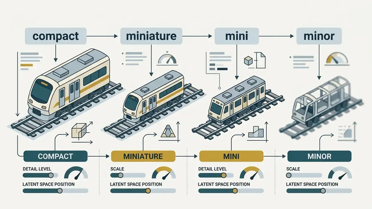 Series of trains showing how synonyms like compact, miniature, mini, and minor affect scale and detail