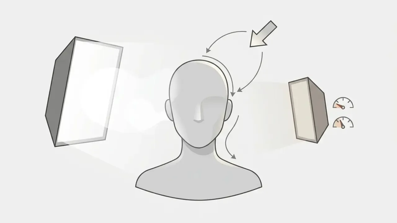 Abstract head silhouette illuminated by studio lights with arrows indicating light direction and intensity