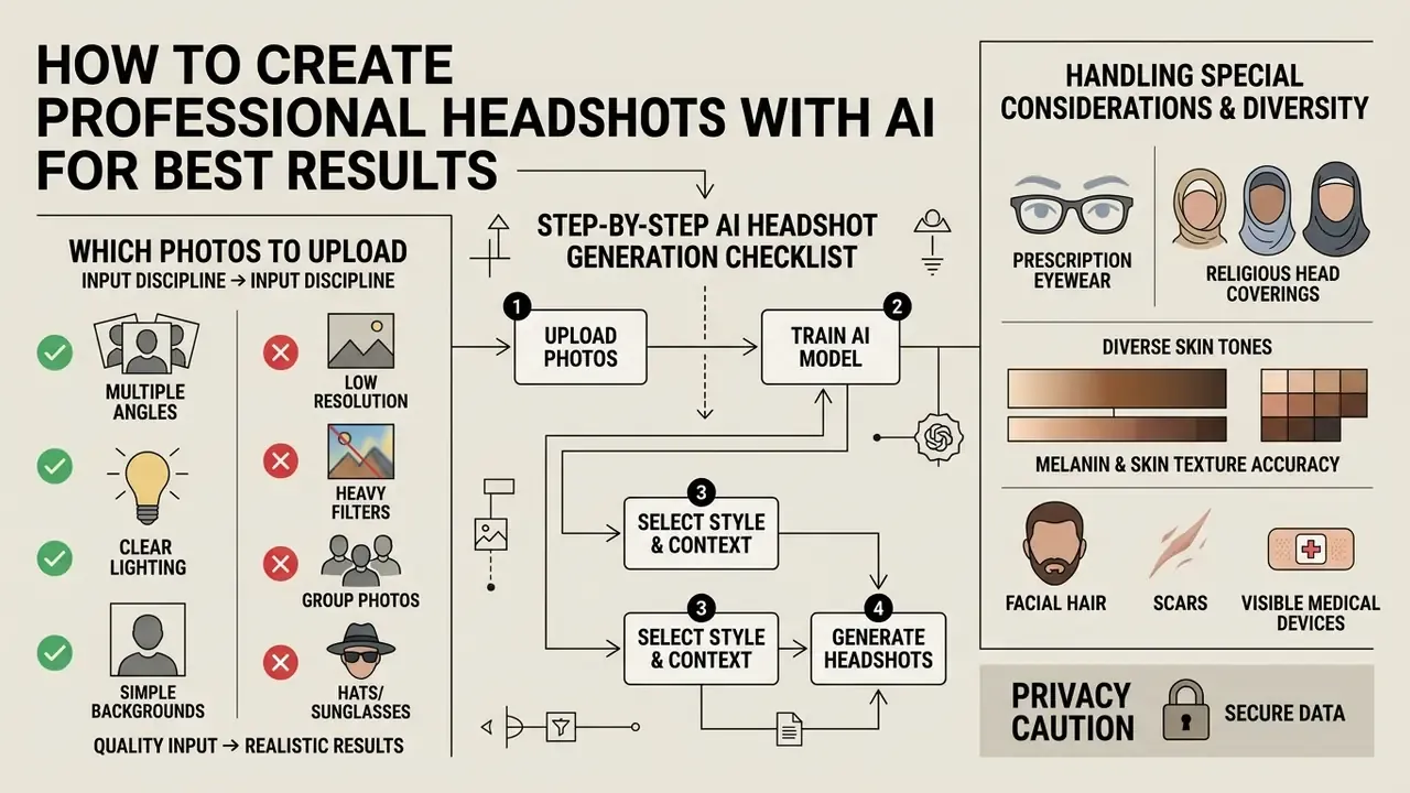Step-by-step guide for using an AI professional headshot generator with input tips and diversity advice