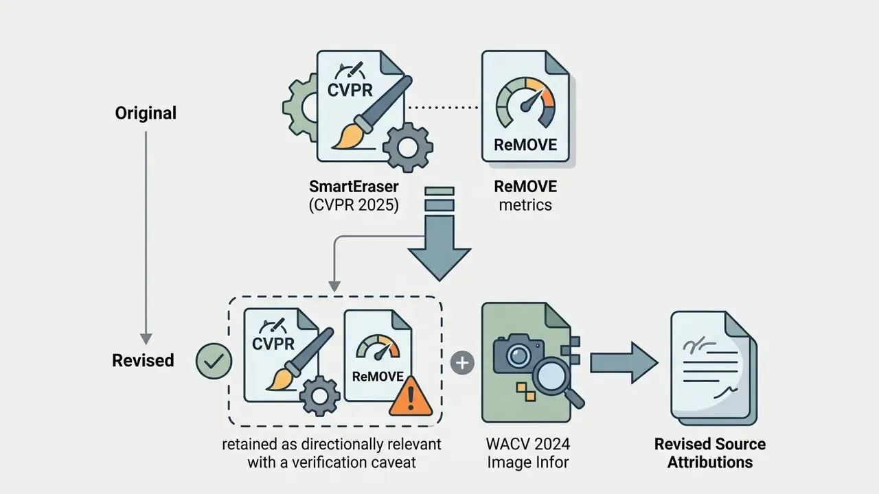 Flowchart showing the transition from original research references to a revised source attribution model