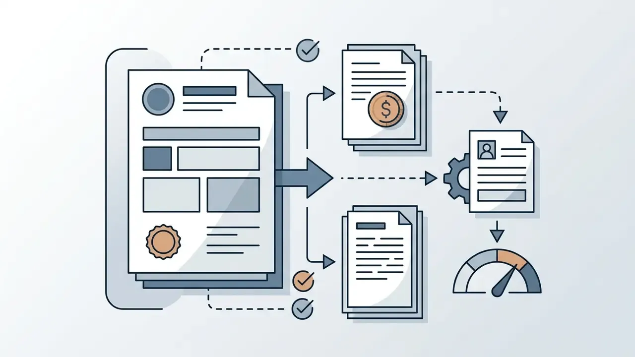 Documents with checkmarks flowing into financial and profile records connected to a performance gauge