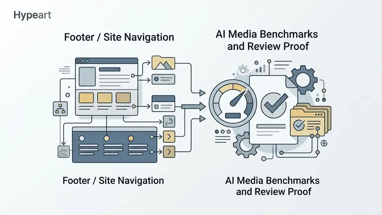 Web navigation elements connecting to a performance gauge and verified documents for AI media review