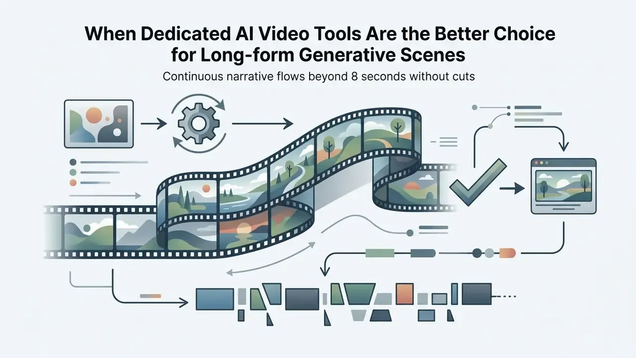 Film strip winding through a gear and processing steps to produce a continuous long-form video scene