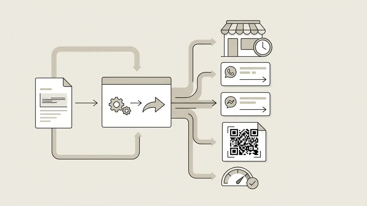 Data processing flow connecting a document to digital storefront, messaging, and QR code integration tools