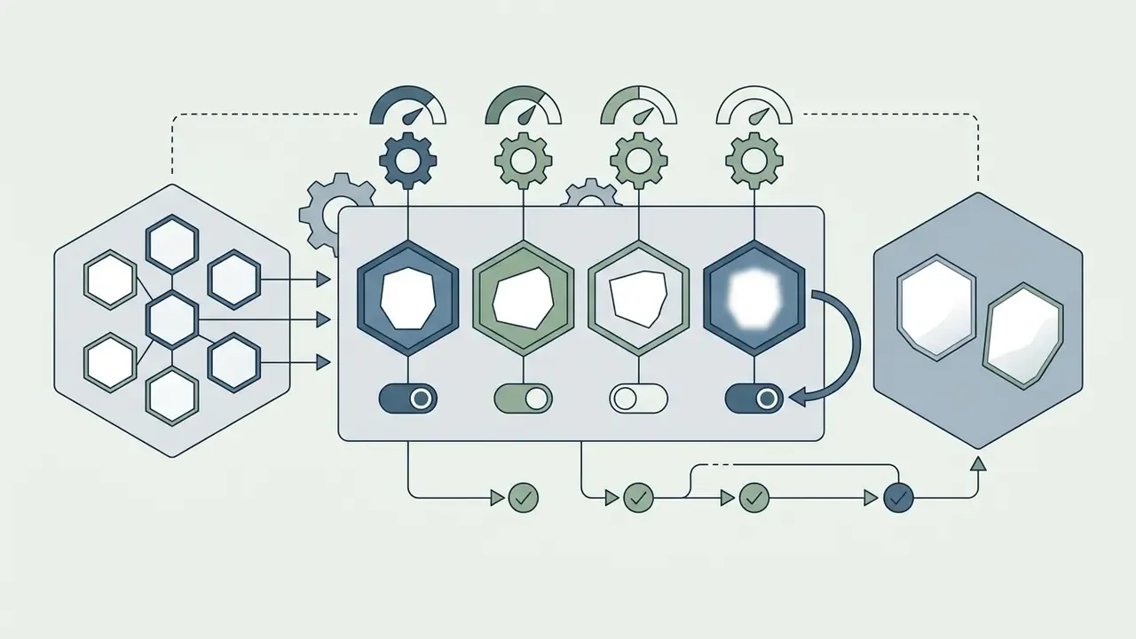 Control panel with toggles for selecting individual hexagonal face masks and processing status indicators
