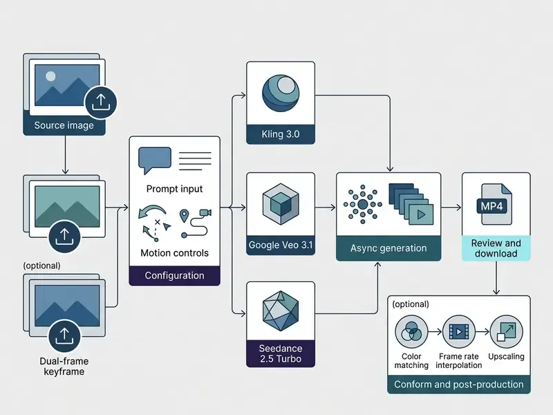Flowchart detailing the steps for free AI image to video generation from input to final export