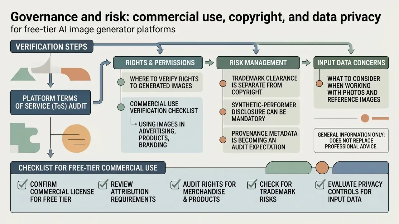 Flowchart outlining verification steps, risk management, and a commercial use checklist for AI platforms