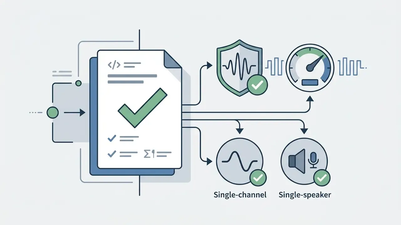 Checklist of audio requirements for an ai child voice generator including single channel and speaker