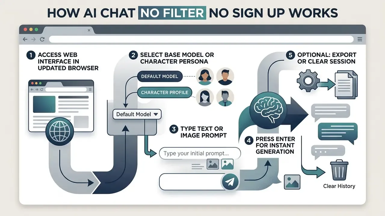 Five step flowchart illustrating the process of using an AI chat no filter no sign up web interface