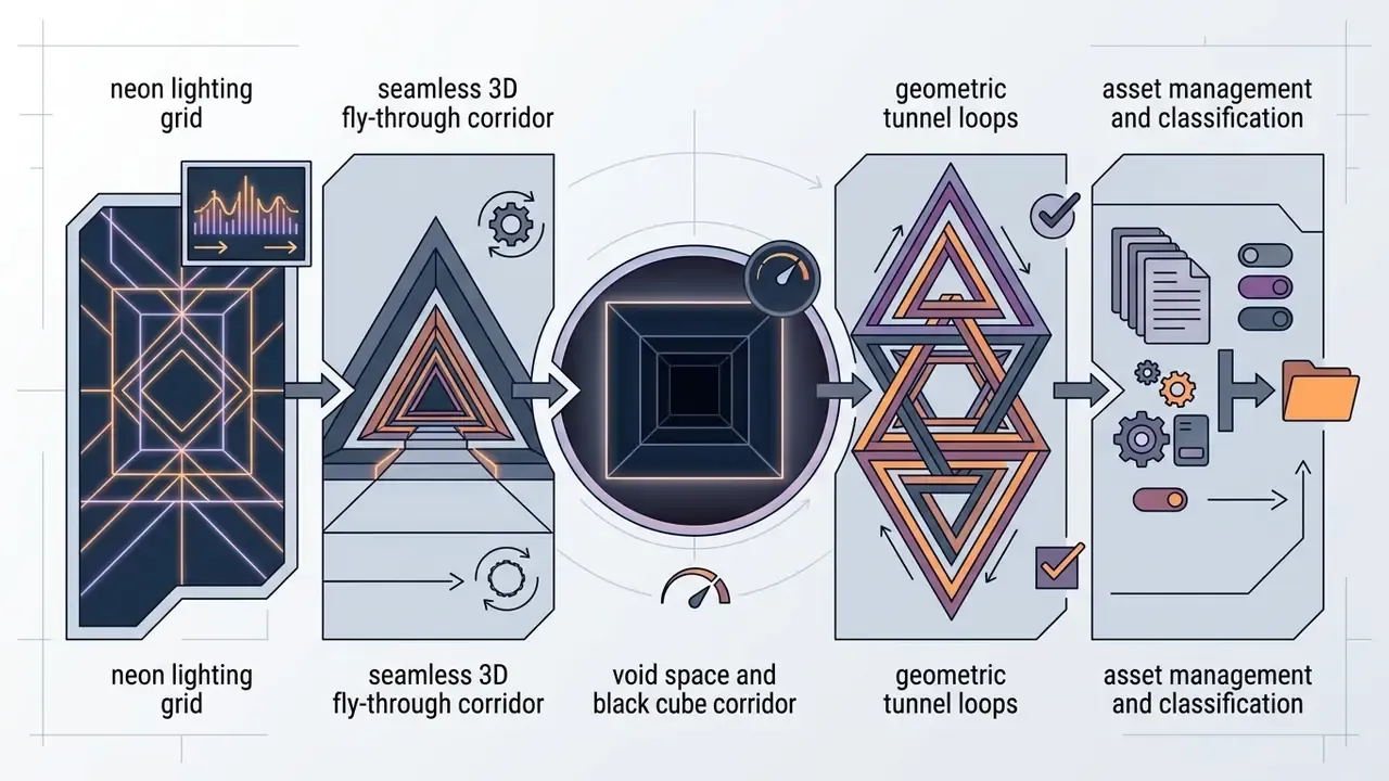 Sequence of neon grids, 3D corridors, and geometric tunnels leading to asset management icons