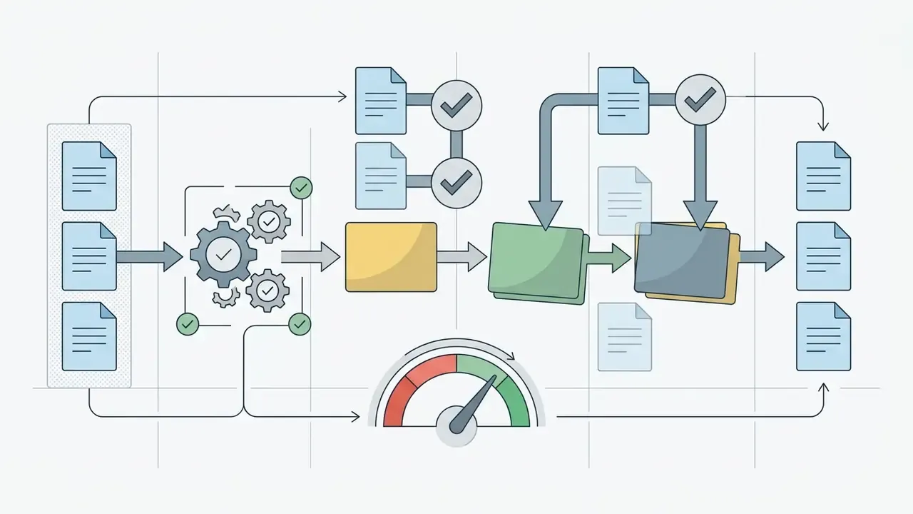 Documents moving through gear processing and folder sorting stages with a status gauge at the bottom