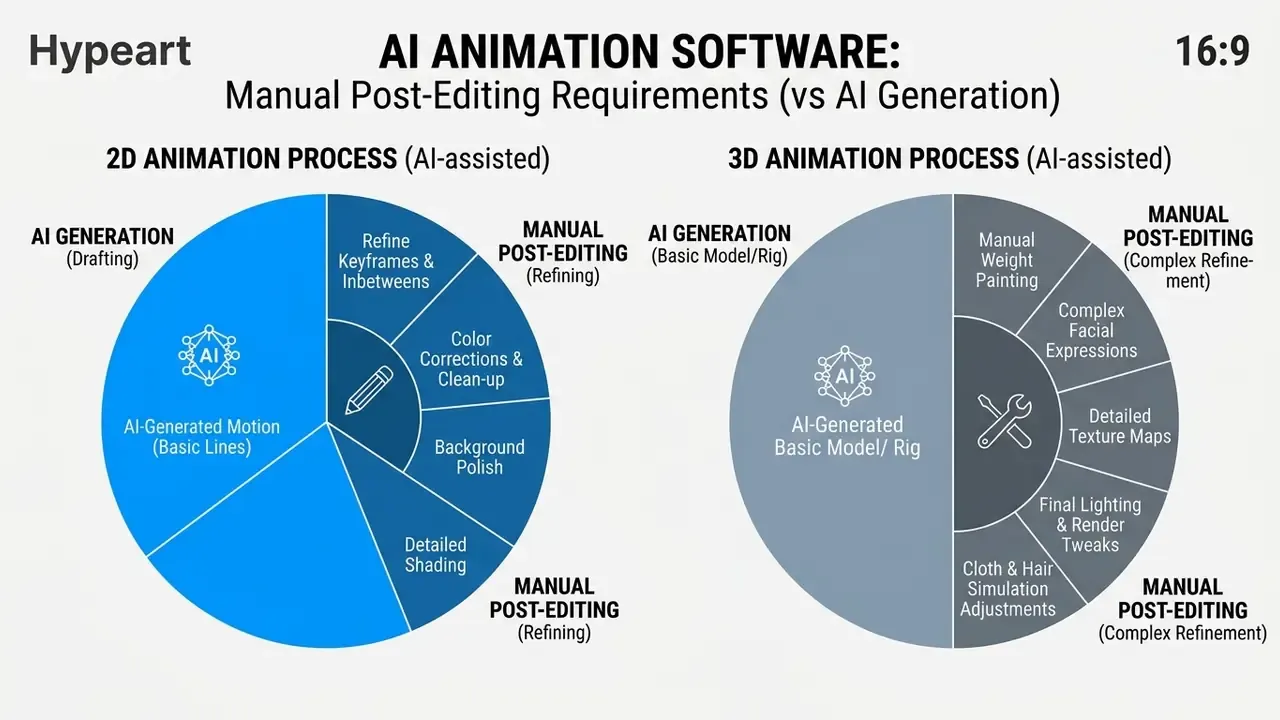 Pie charts comparing manual post-editing tasks versus AI generation in 2D and 3D animation workflows